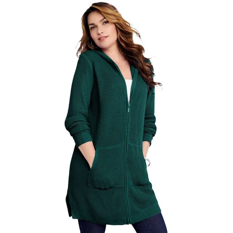 ロアマンズ レディース アウター ニット・セーター プラスサイズ パーカー Roamans Womens Plusize Waffle Mega Length Zip Hoodiemerald Green グリーン