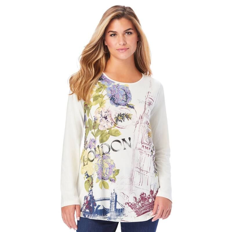 ロアマンズ レディース トップス Tシャツ プラスサイズ グラフィック Roamans Womens Plusize Travel Graphic Long Sleeve Tee Sky Blue Rose ブルー