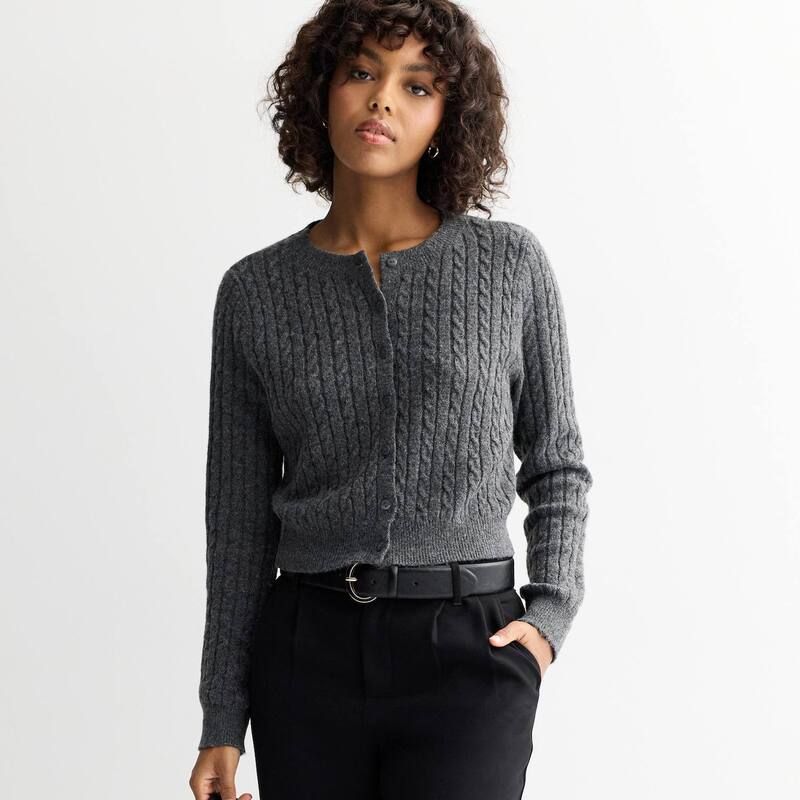 エスオー レディース アウター ニット・セーター カーディガン Juniors SO Cable Knit Cardigan Sweater Medium Charcoal Heath チャコール