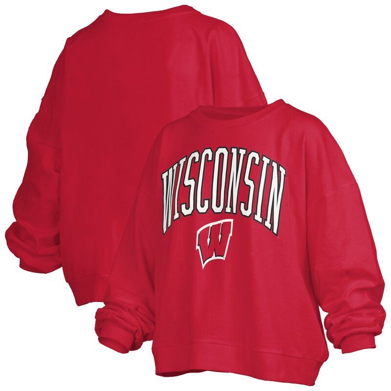 プレスボックス レディース トップス Tシャツ スウェット ロゴ Womens Pressbox Red Wisconsin Badgers Janise Arch Over Logo Waist Length Oversized Pullover Sweat