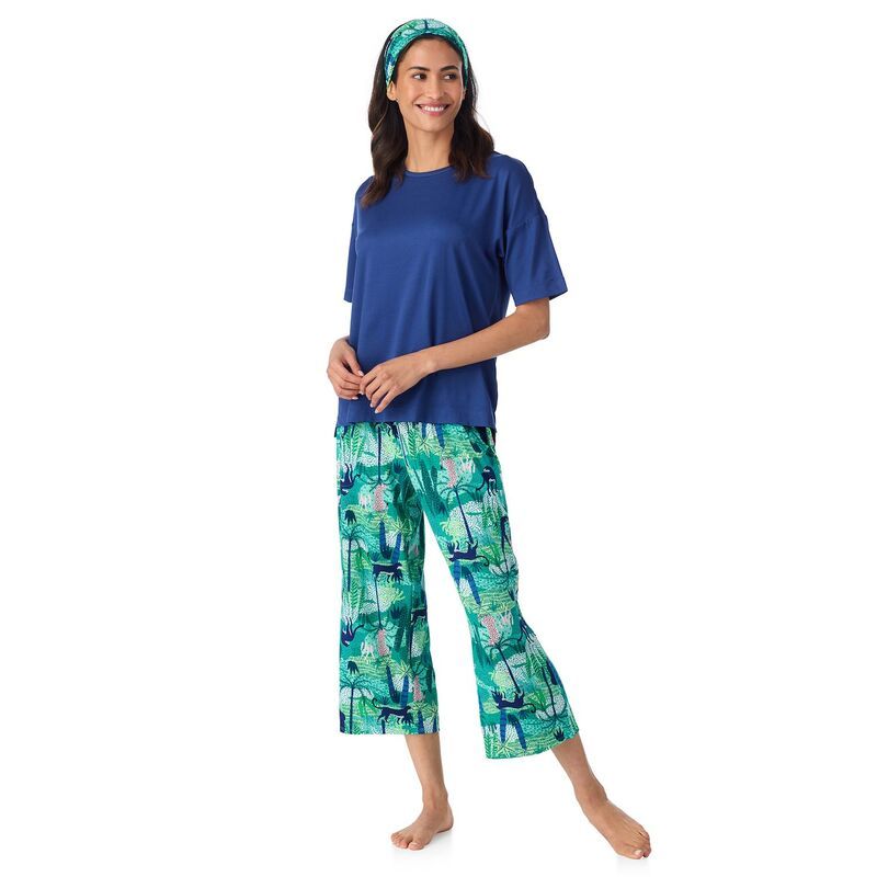 クドルドッズ レディース アンダーウェア ナイトウェア パンツ キャップ Womens Cuddl Duds Cozy Short Sleeve Pajama Top Capri Pajama Pantset witheadband Green Jungle
