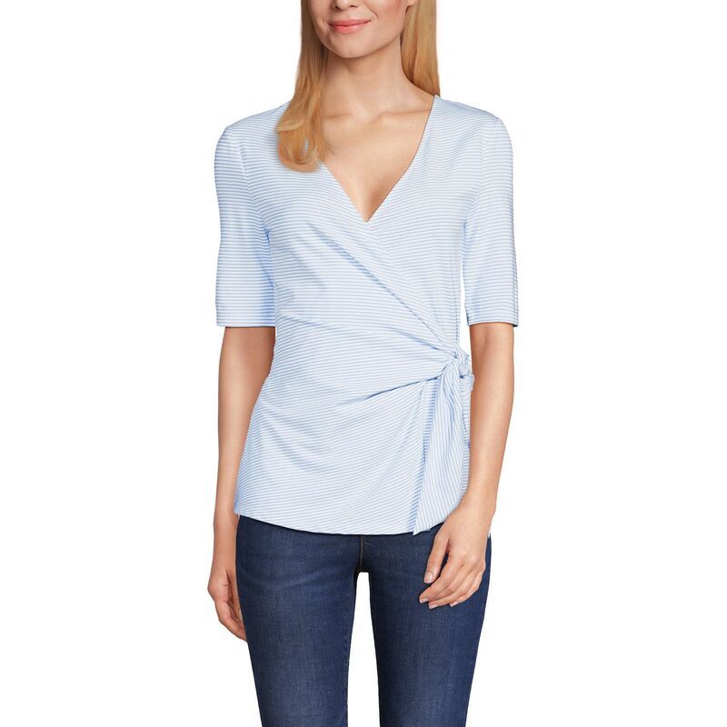 ランズエンド レディース トップス Tシャツ プチ ブラウス ジャージー Petite Lands End Elbow Sleeve Jersey Side Tie Blouse White Periwinkle ホワイト