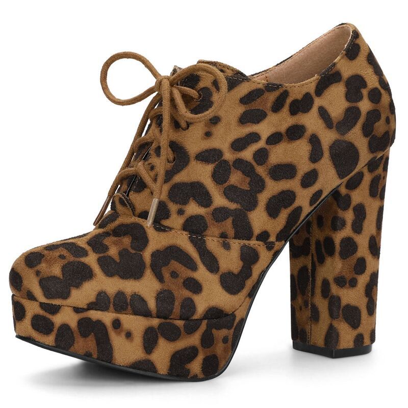 アレグラ ケー レディース シューズ ブーツ・レインブーツ プラットフォーム レース ヒール ALLEGRA K Womens Platform Chunky Heelace Up Booties Leopard アニマル