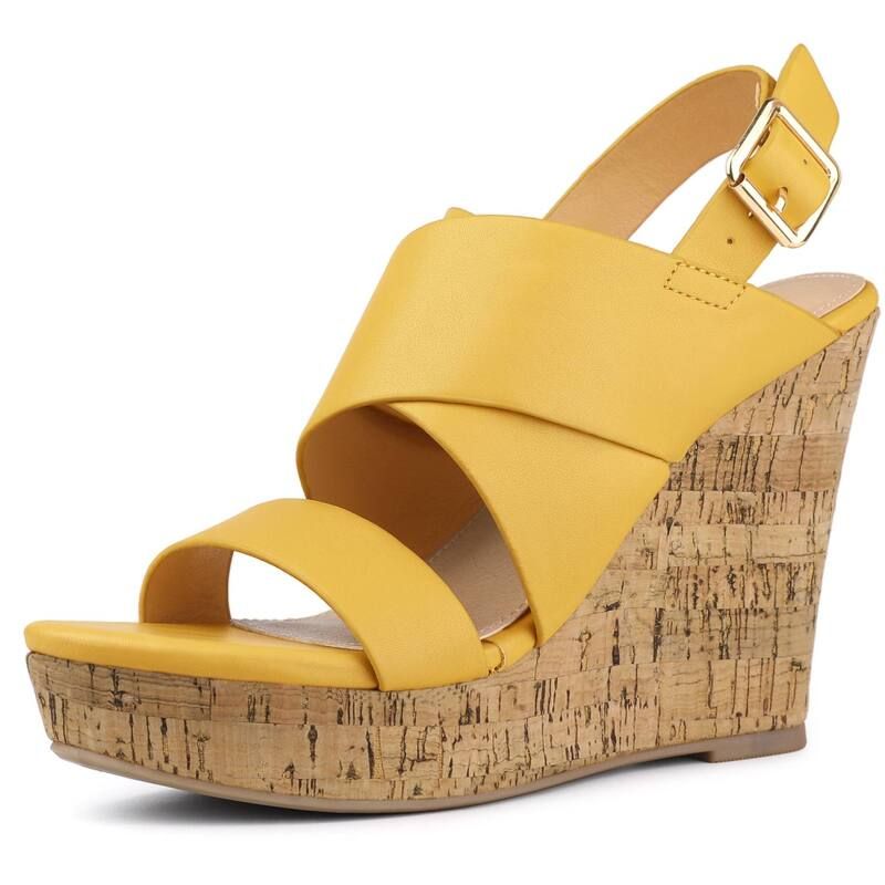 アレグラ ケー レディース シューズ サンダル プラットフォーム ALLEGRA K Womens Wood Strappy Platform Wedge Sandals Yellow イエロー