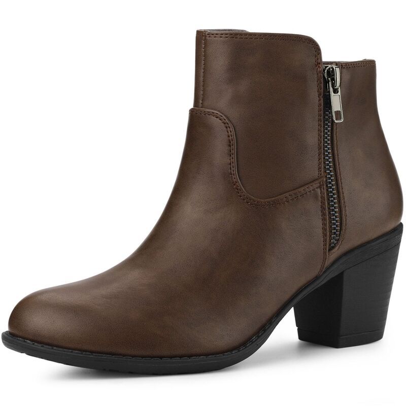 アレグラ ケー レディース シューズ ブーツ・レインブーツ アンクル ヒール ALLEGRA K Womenss Low Chunky Heel Side Zipper Ankle Booties Brown ブラウン