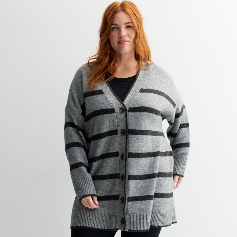 ソノマ レディース アウター ニット・セーター プラスサイズ カーディガン Plusize Sonoma Goods For Life Striped Tunicardigan Grey Black Stripe ブラック