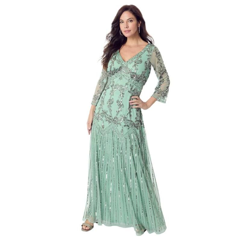 ロアマンズ レディース トップス ワンピース Vネック プラスサイズ マキシ Roamans Womens Plusize Beaded VNeck 34 Sleeve Maxi Gown Dusty Mint ミント