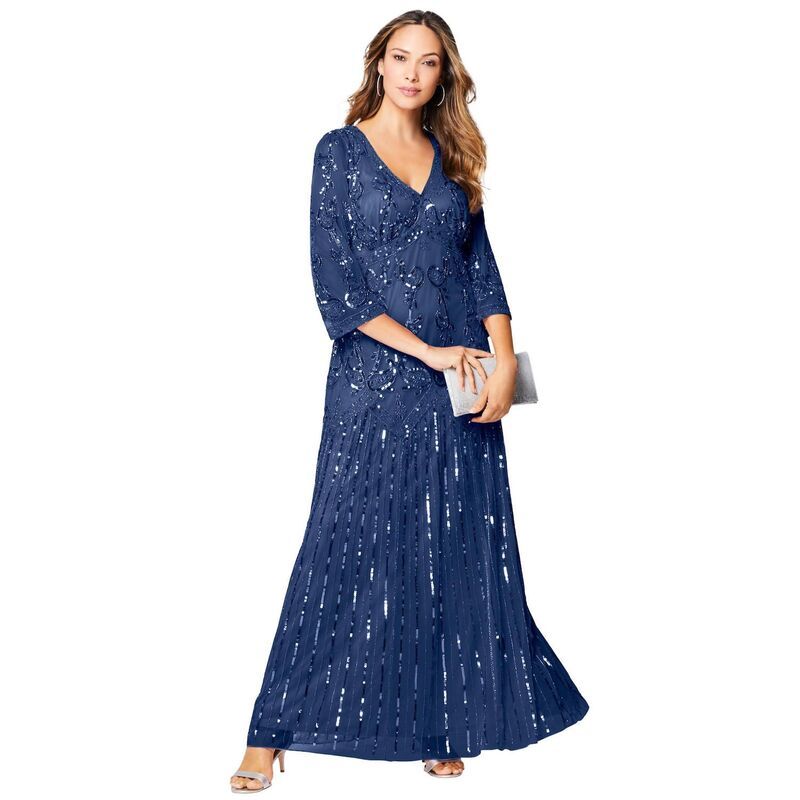 ロアマンズ レディース トップス ワンピース Vネック プラスサイズ マキシ Roamans Womens Plusize Beaded VNeck 34 Sleeve Maxi Gown Evening Blue ブルー