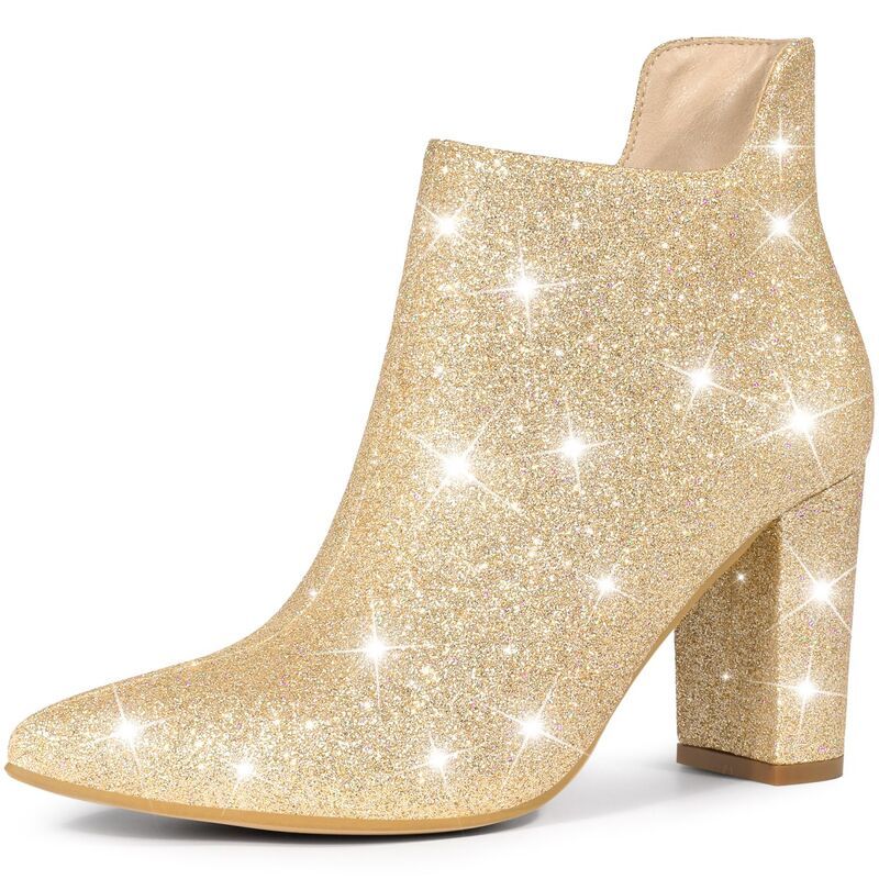 アレグラ ケー レディース シューズ ブーツ・レインブーツ カットアウト アンクル ヒール ALLEGRA K Womens Glitter Pointed Toe Cutout Block Heel Ankle Booties Gold ゴールド