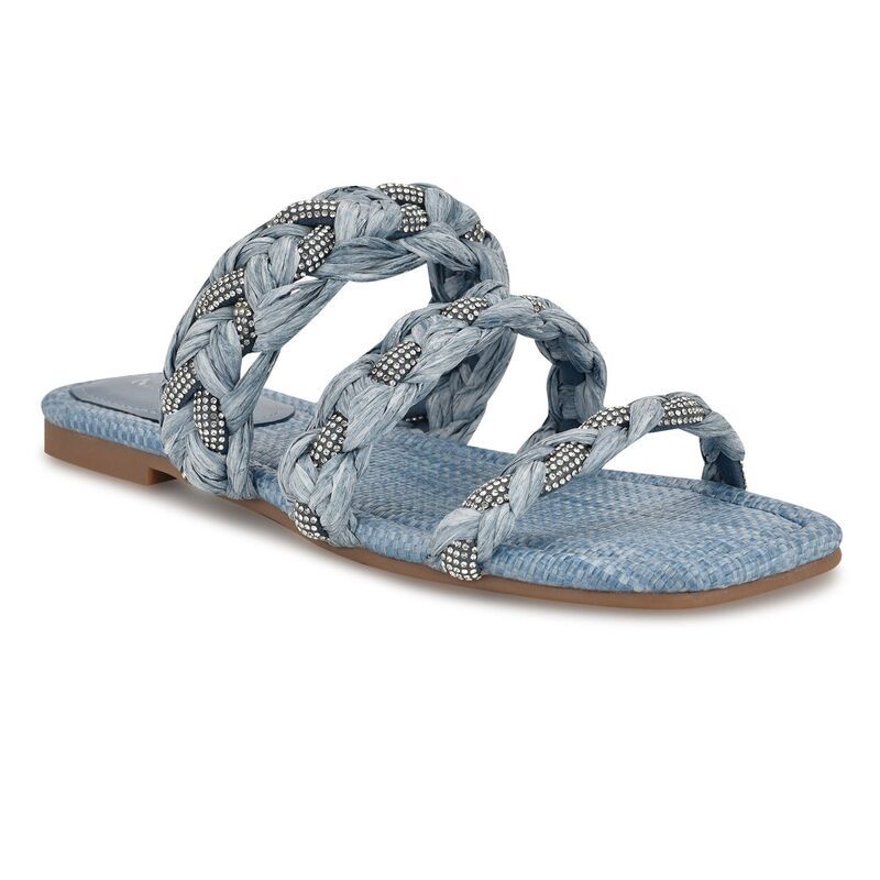 ナインウェスト レディース シューズ サンダル Nine West Womens Qazz SlipOn Square Toe Flat Sandals Light Blue ブルー