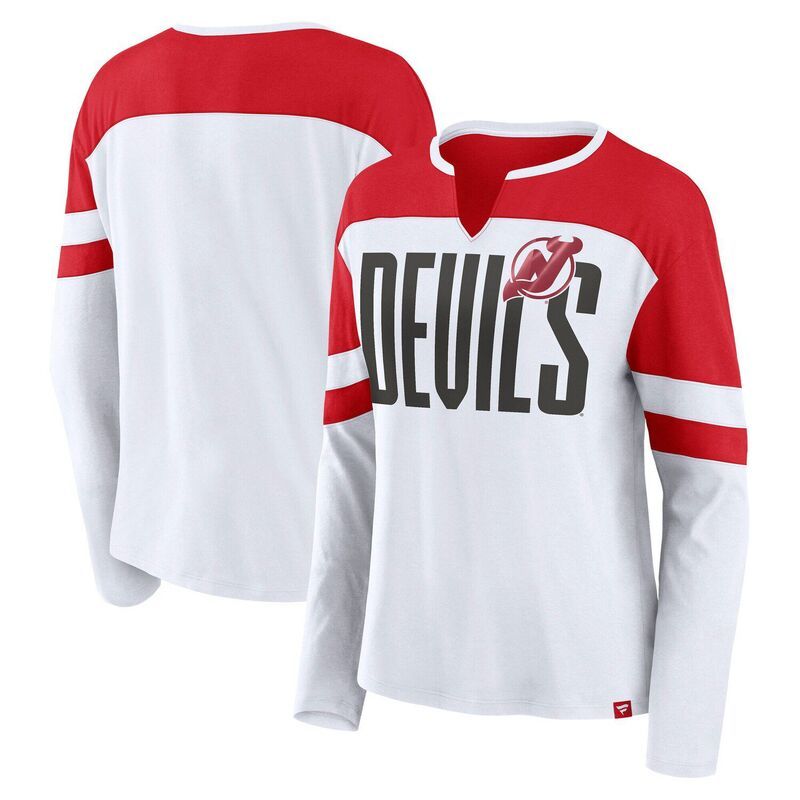 ファナティクス レディース トップス Tシャツ ジャージー Womens Fanatics WhiteRed New Jersey Devils Frozen Long Sleeve Notch Neck TShirt Nhl White ホワイト