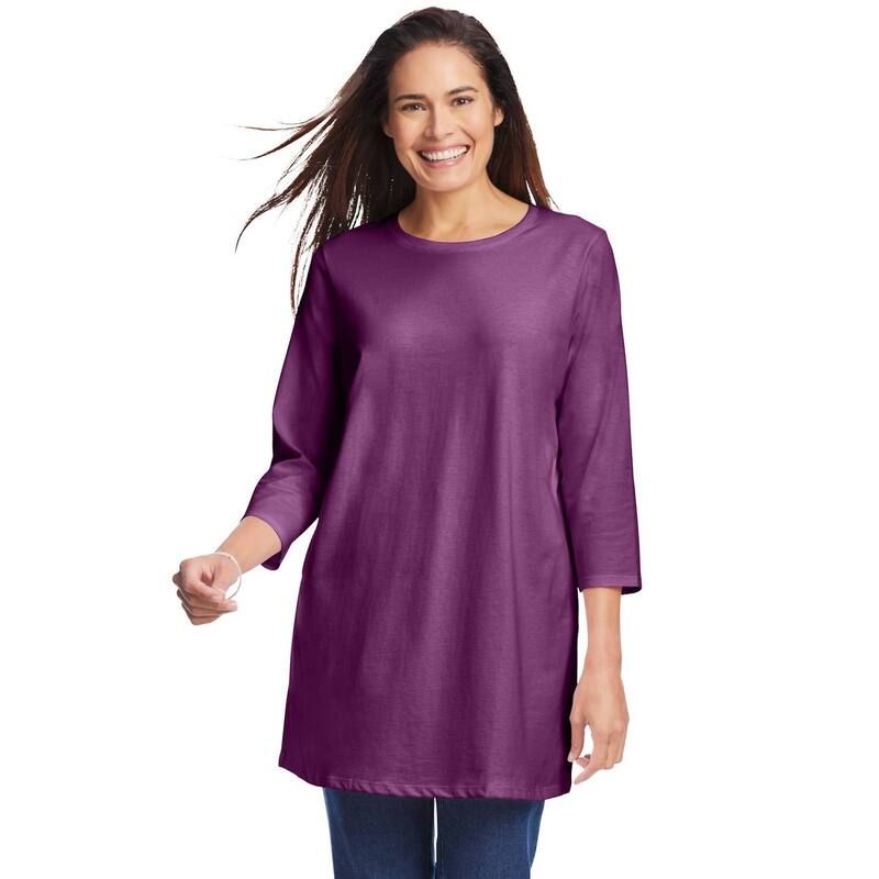 ウーマン ウィズイン レディース トップス Tシャツ クルーネック プラスサイズ Woman Within Plusize PerfecthreeQuarter Sleeve Crewneck Tunic Plum Purple パープル