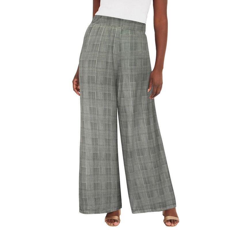 ジェシカロンドン レディース ボトムス カジュアルパンツ ワイドレッグ ニット Jessica London The London Collection Stretch Knit Wide Leg Pant Black Ivory Glen Plaid アイボ