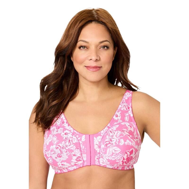 コンフォート チョイス レディース アンダーウェア ブラジャー プラスサイズ コットン Comfort Choice Womens Plusize Cotton FrontClose Wireless Bra Peony Petal Floral