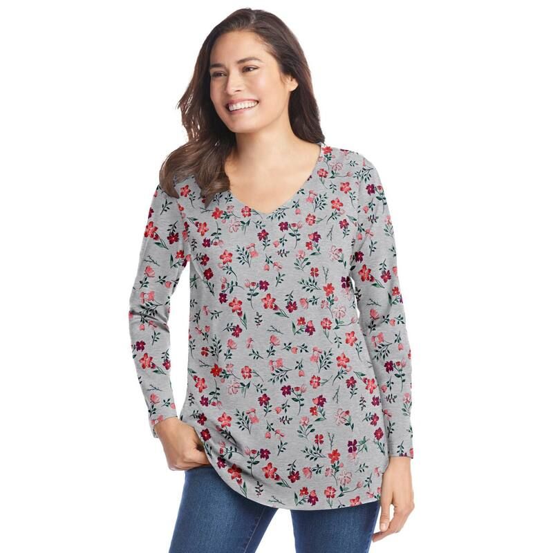 ウーマン ウィズイン レディース トップス Tシャツ Vネック プラスサイズ プリント 長袖 Woman Within Plusize Perfect Printed LongSleeve VNeck Tee Heather Grey Red グレー