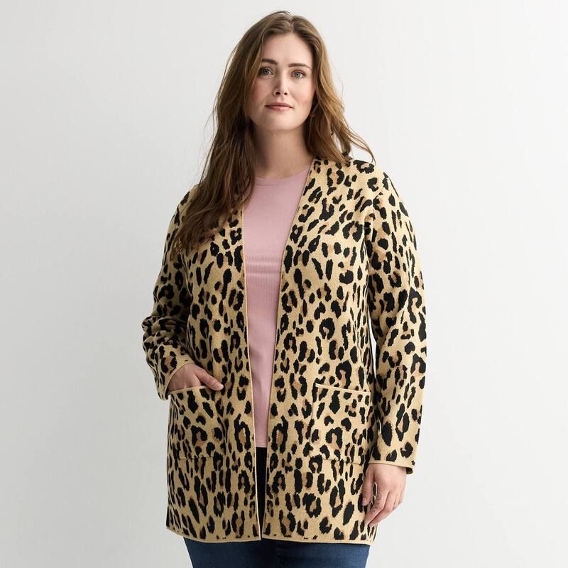 ナインウェスト レディース アウター ニット・セーター プラスサイズ コート Plusize Nine West Clean Collar Coatigan Tan Jana Leopard タン