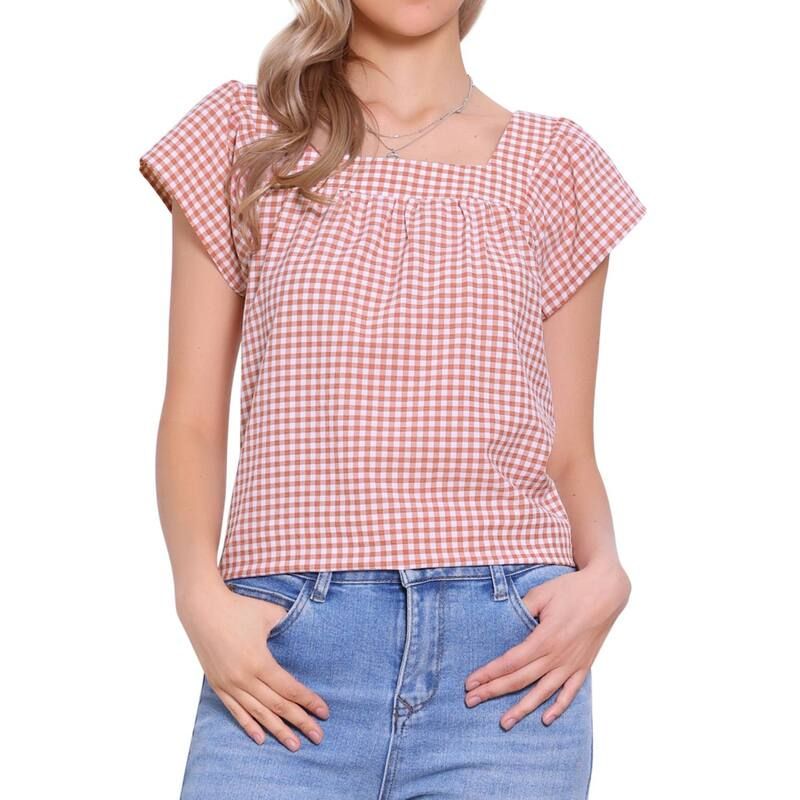 アレグラ ケー レディース トップス Tシャツ ギンガムチェック ノースリーブラウス ギンガム ALLEGRA K Summer Square Neck Gingham Tops for Women Sleeveless Blouses Cameo Brown