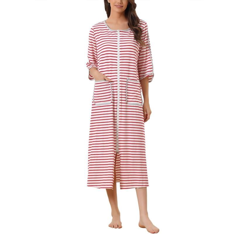 cheibear レディース アンダーウェア ナイトウェア cheibear Womens Zip Front Robe 34 Sleeve Striped Long Bathrobe Dress Pajama Pink ピンク