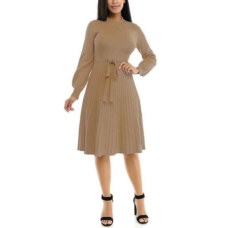 ニナレオナルド レディース トップス ワンピース バルーンスリーブ プリーツ ミディ セーター Womens Nina Leonard Balloon Sleeve Pleated Midi Sweater Dress Tan タン