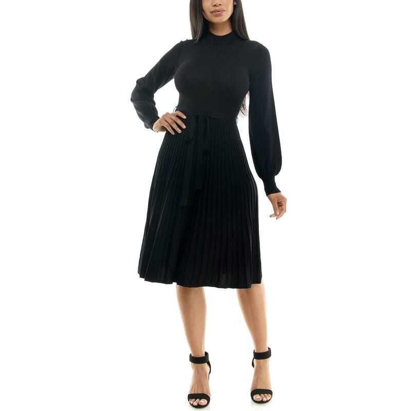 ニナレオナルド レディース トップス ワンピース バルーンスリーブ プリーツ ミディ セーター Womens Nina Leonard Balloon Sleeve Pleated Midi Sweater Dress Black ブラック