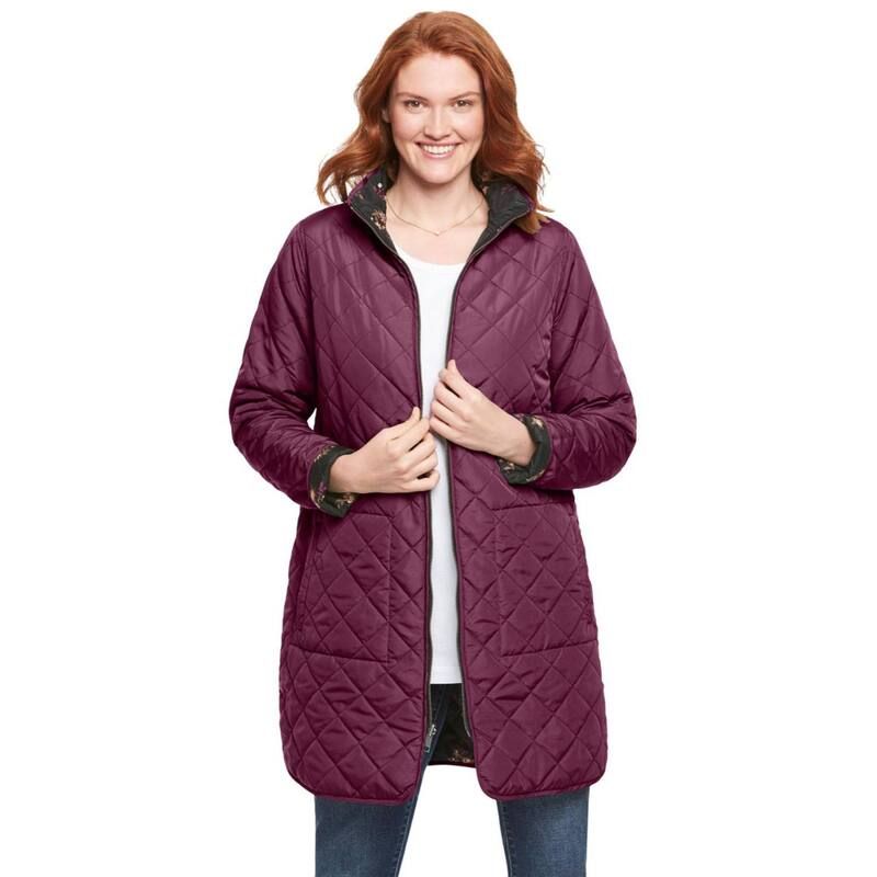ウーマン ウィズイン レディース アウター ジャケット・ブルゾン プラスサイズ キルティング Woman Within Womens Plusize Reversible Quilted Barn Jacket Deep Claret Black ブラック