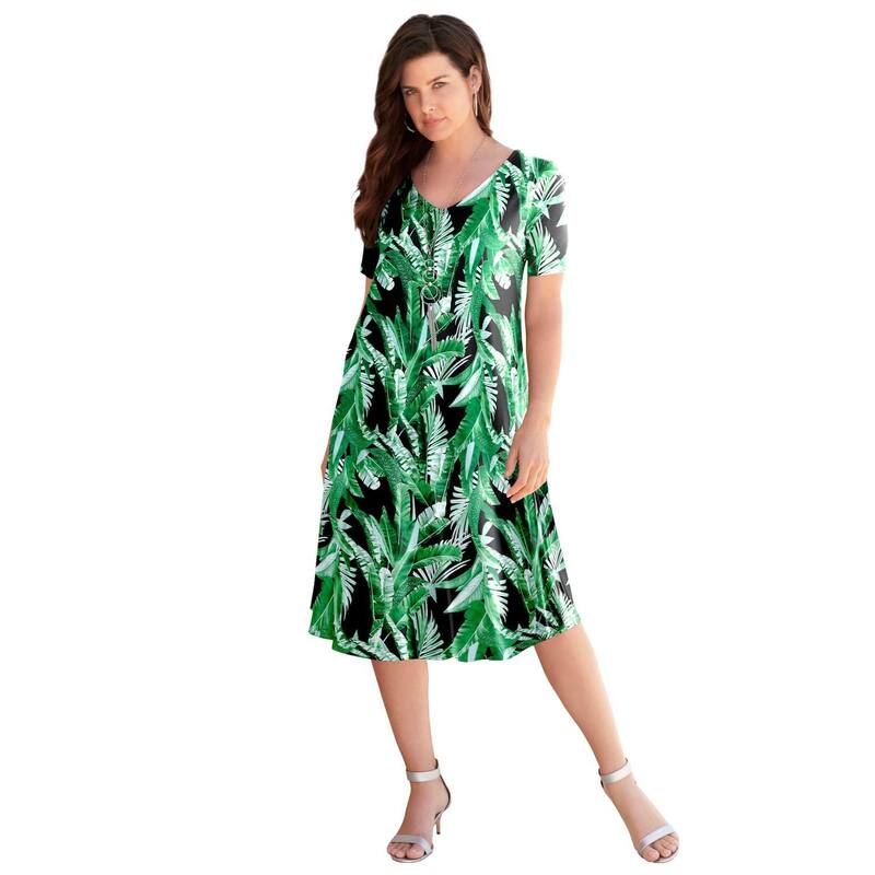 ロアマンズ レディース トップス ワンピース Vネック プラスサイズ プチ Roamans Womens Plusize Petite Ultrasmooth V Neck Swing Dress Green Palm Leaves グリーン