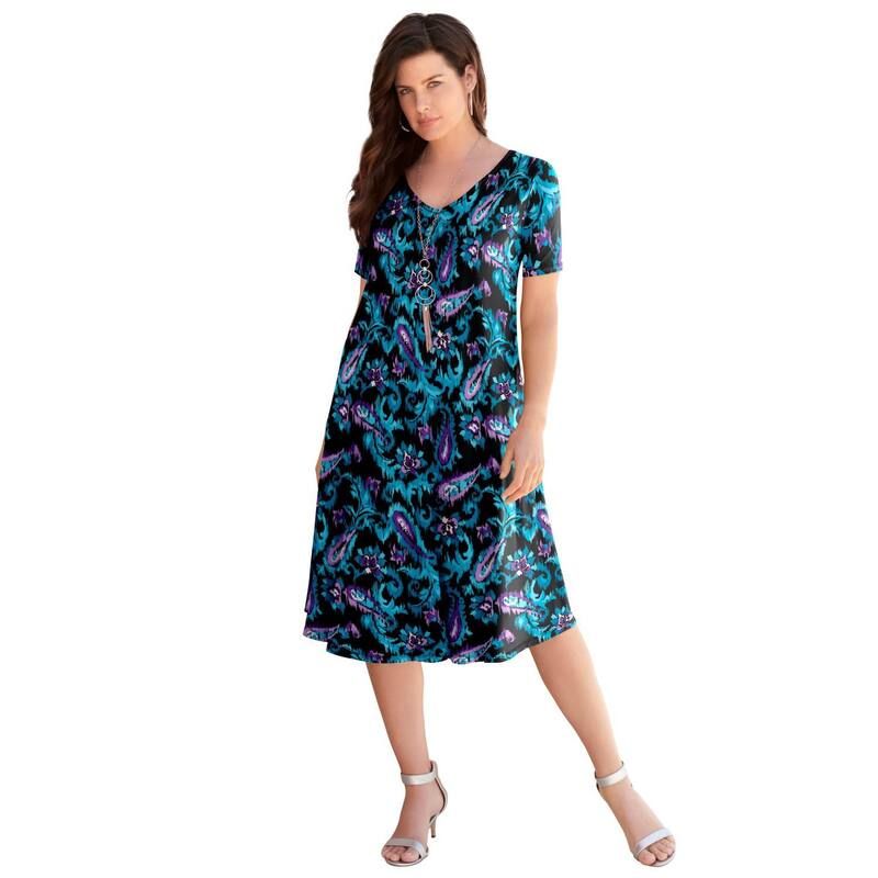 ロアマンズ レディース トップス ワンピース Vネック プラスサイズ プチ Roamans Womens Plusize Petite Ultrasmooth V Neck Swing Dress Black Ikat Paisley ブラック