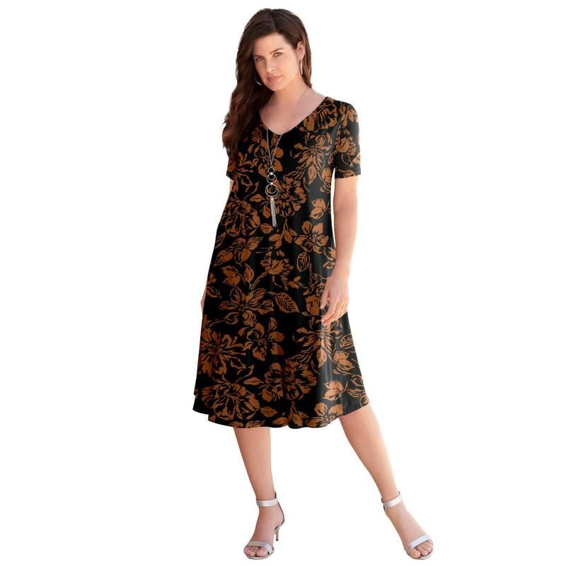 ロアマンズ レディース トップス ワンピース Vネック プラスサイズ プチ Roamans Womens Plusize Petite Ultrasmooth V Neck Swing Dress Black Cognac Floral ブラック