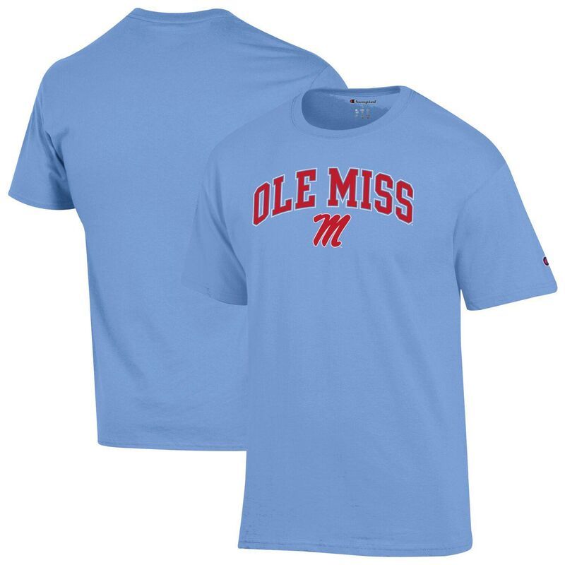 チャンピオン メンズ トップス Tシャツ ロゴ MensChampion Powder Blue Ole Miss Rebels Arch Over Logo TShirt Ole Light ブルー