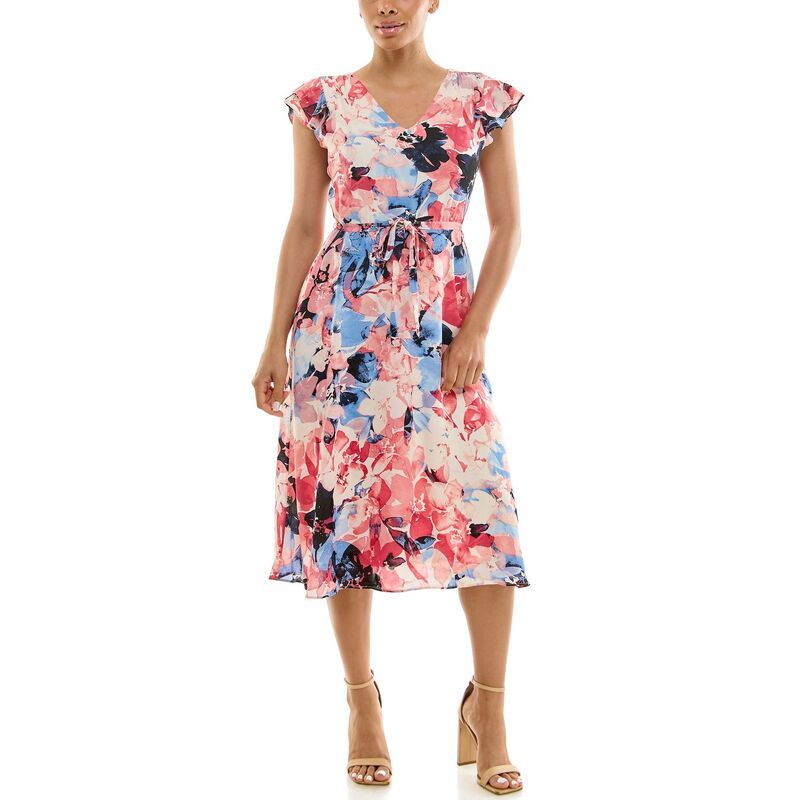 ニナレオナルド レディース トップス ワンピース シフォン プリント Womens Nina Leonard Print Flutter Sleeve Chiffon Dress Pacific Navy Cream クリーム