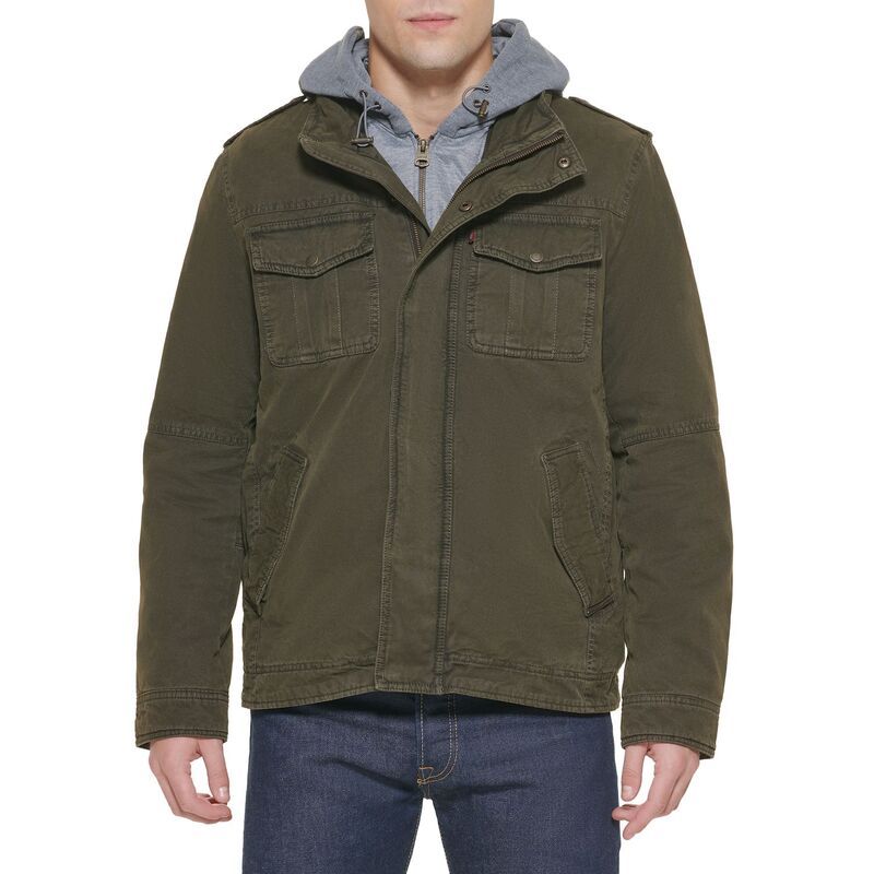 リーバイス メンズ アウター ジャケット・ブルゾン Levis Hooded TwoPocketrucker Jacket Men Olive オリーブ