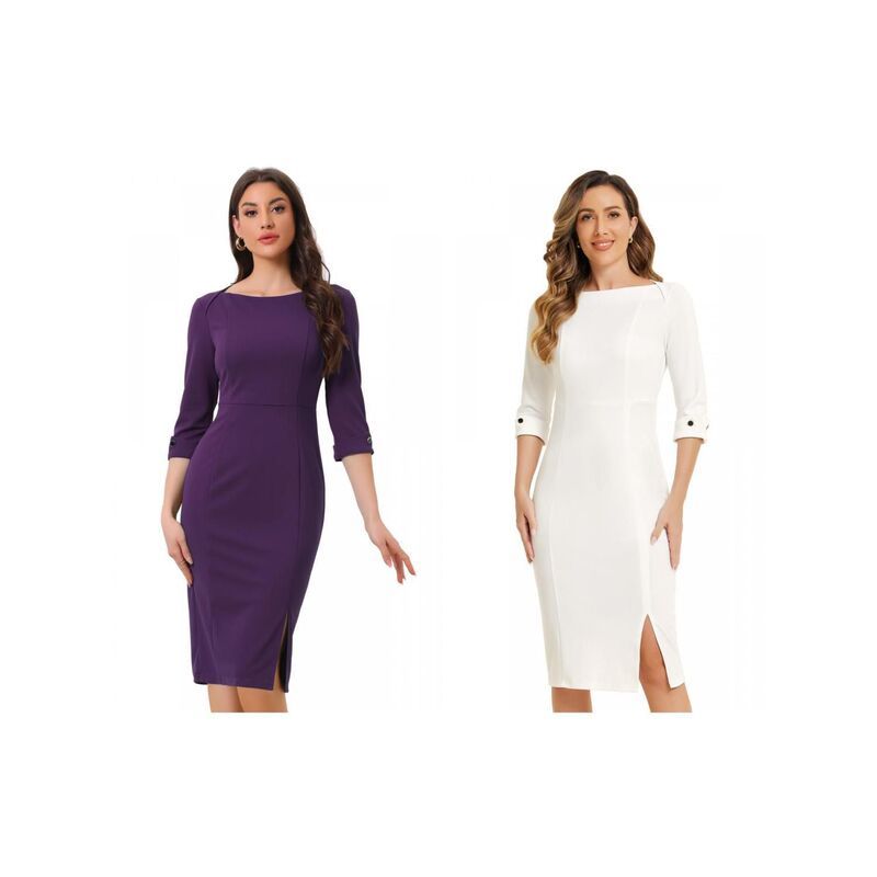 アレグラ ケー レディース トップス ワンピース ミディ ALLEGRA K 2 Packs Womens Elegant Boat Neck 34 Sleeves Wear to Work Midi Split Sheath Dress Purple Whi