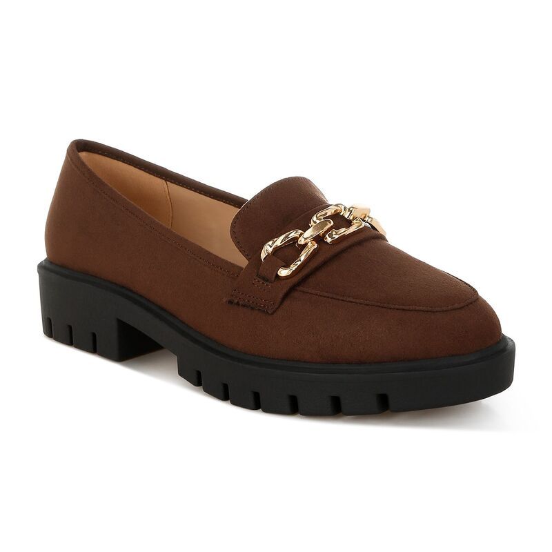 ロンドンラグ レディース シューズ スリッポン・ローファー スエード London Rag Jacop Womens Micro Suede Chain Link Loafers Brown ブラウン
