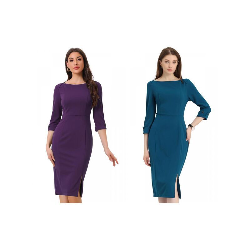 アレグラ ケー レディース トップス ワンピース ミディ ALLEGRA K 2 Packs Womens Elegant Boat Neck 34 Sleeves Wear to Work Midi Split Sheath Dress Purple Lak