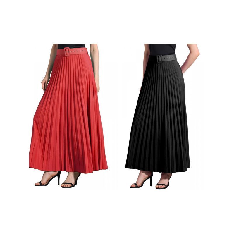 アレグラ ケー レディース ボトムスカート ハイウエスト プリーツ マキシ ALLEGRA K 2 Packs Womens Elastic High Waist Flowy Pleated Maxi Skirt with Belt Black Red ブラッ