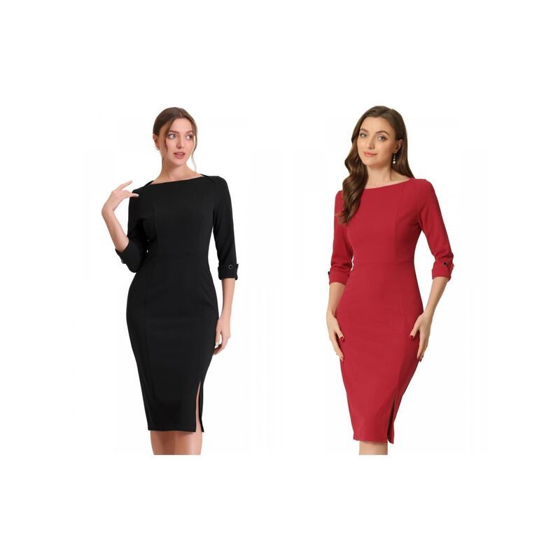 アレグラ ケー レディース トップス ワンピース ミディ ALLEGRA K 2 Packs Womens Elegant Boat Neck 34 Sleeves Wear to Work Midi Split Sheath Dress Black Red