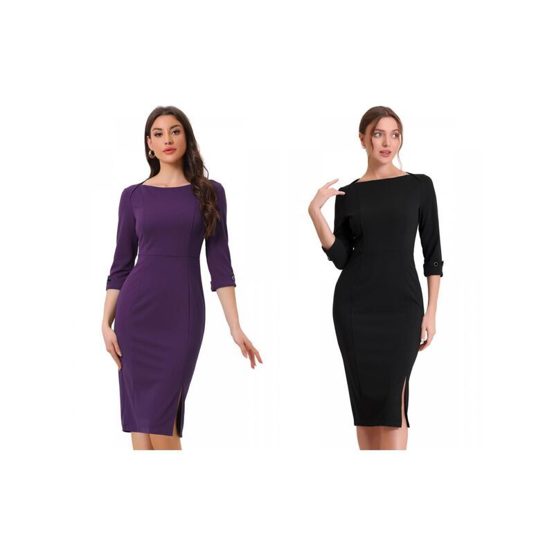 アレグラ ケー レディース トップス ワンピース ミディ ALLEGRA K 2 Packs Womens Elegant Boat Neck 34 Sleeves Wear to Work Midi Split Sheath Dress Black Purp
