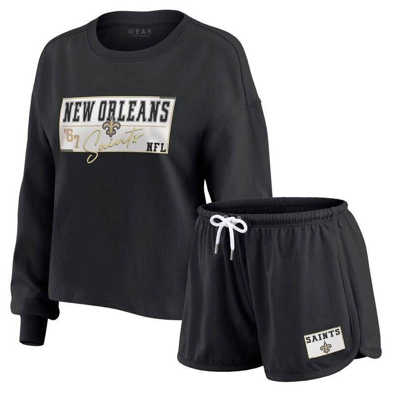 ウェア バイ エリン アンドルーズ レディース アンダーウェア ナイトウェア Tシャツ ショートパンツ ジャージー Womens WEAR by Erin Andrews Black New Orleansaints Heavy Rugby Jersey Lo