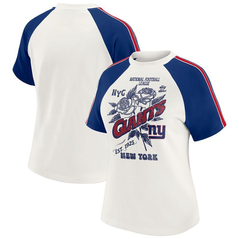 ウェア バイ エリン アンドルーズ レディース トップス Tシャツ Womens WEAR by Erin Andrews White New York Giantsleeve Stripe Distressed Raglan TShirt Gia White