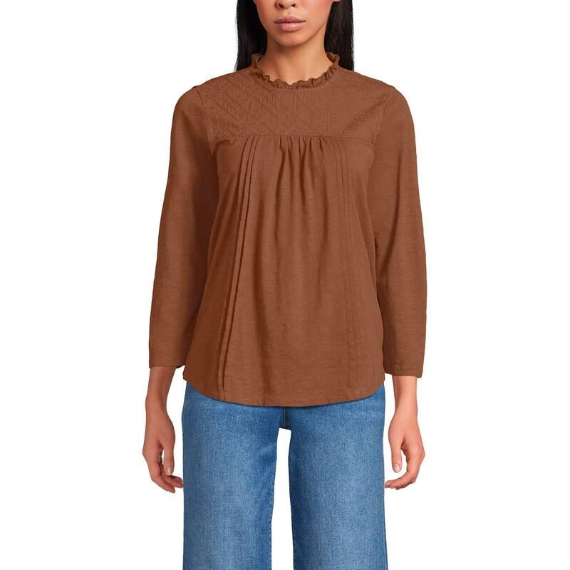 ランズエンド レディース トップス Tシャツ レーストリム コットン レース Womens Lands End 34 Sleeve Cotton Slub Lace Trim Top Rich Ginger Brown ブラウン