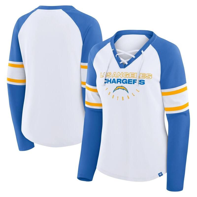 ファナティクス レディース トップス Tシャツ Vネック レース Womens Fanatics WhitePowder Blue Los Angeles Chargers Redzone Blitz Package Raglan LaceUp VNeck L