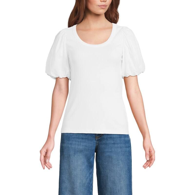 ランズエンド レディース トップス Tシャツ Womens Lands End Short Sleeve Drapey Rib Puff Sleeve Scoop Neck Top White ホワイト
