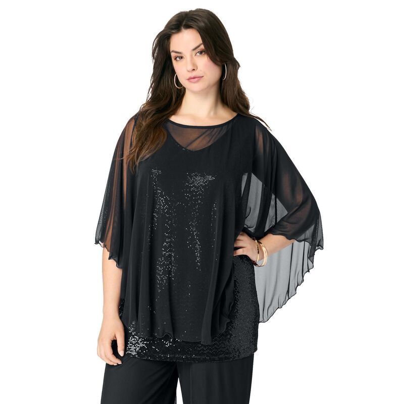 ロアマンズ レディース トップス Tシャツ メッシュオーバーレイ ジョーゼット プラスサイズ メッシュ オーバーレイ Roamans Womens Plusize Georgette Mesh Overlay Top Black ブラック