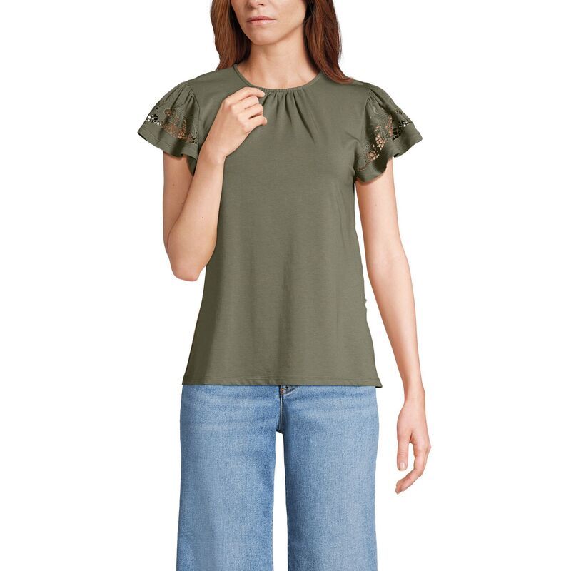 ランズエンド レディース トップス Tシャツ クルーネック フリル ジャージー Womens Lands End Lightweight Jersey Crew Neck Ruffle Sleeve Flowy Top Soft Olive Drab オリーブ