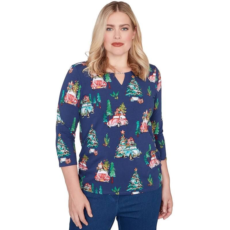 アルフレッド ダナー レディース トップス Tシャツ Vネック プリント Womens Alfredunner Christmas Tree Print Beaded VNeck Top Navy ネイビー