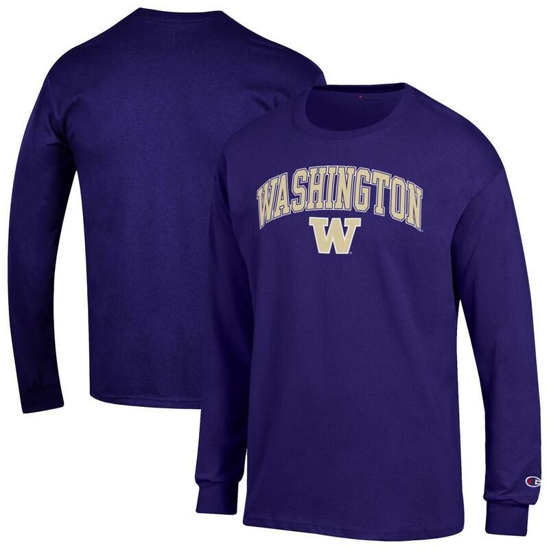 チャンピオン メンズ トップス Tシャツ ロゴ Mens Champion Purple Washington Huskies Arch Over Logo 2Hit Long Sleeve TShirt Wsh Purple パープル