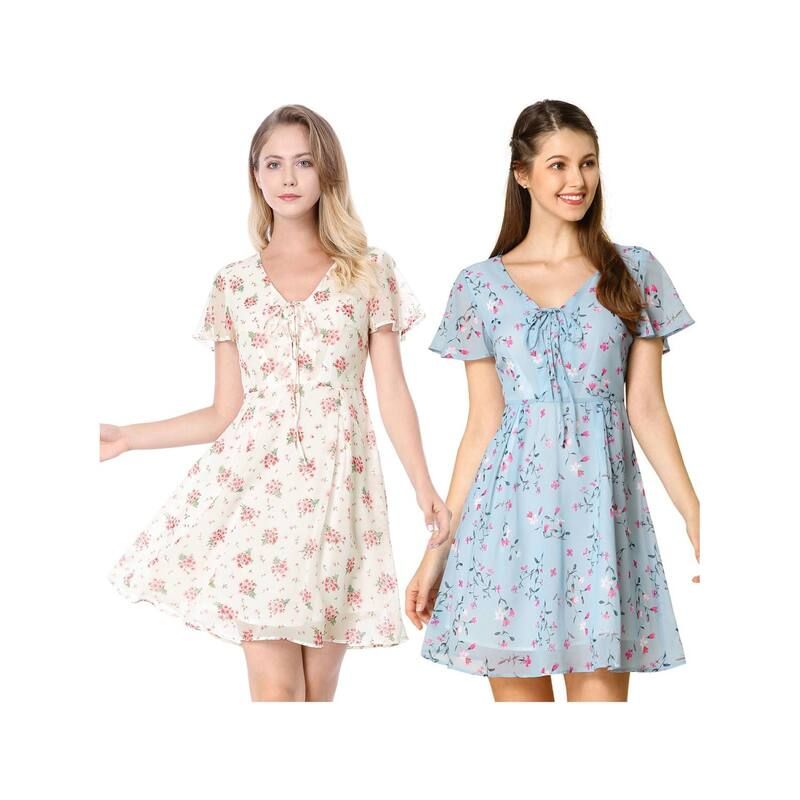 アレグラ ケー レディース トップス ワンピース シフォン フラワー柄 レース フラワー ALLEGRA K 2 Packs Womens Floralaceup Chiffon Dress White Blue ホワイト