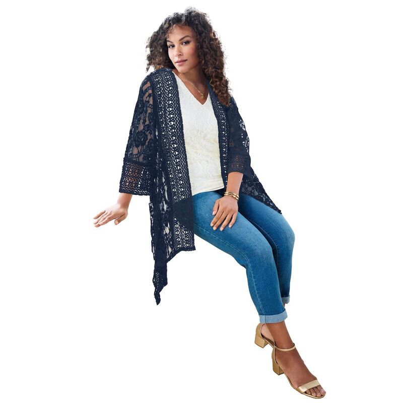 ロアマンズ レディース アウター ニット・セーター プラスサイズ レース ジャケット Roamans Womens Plusize Lace Kimono Jacket Navy ネイビー