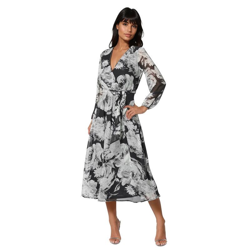 ベベ レディース トップス ワンピース シフォン ミディ Womens bebe Surplice Chiffon Midi Dress Black White ホワイト
