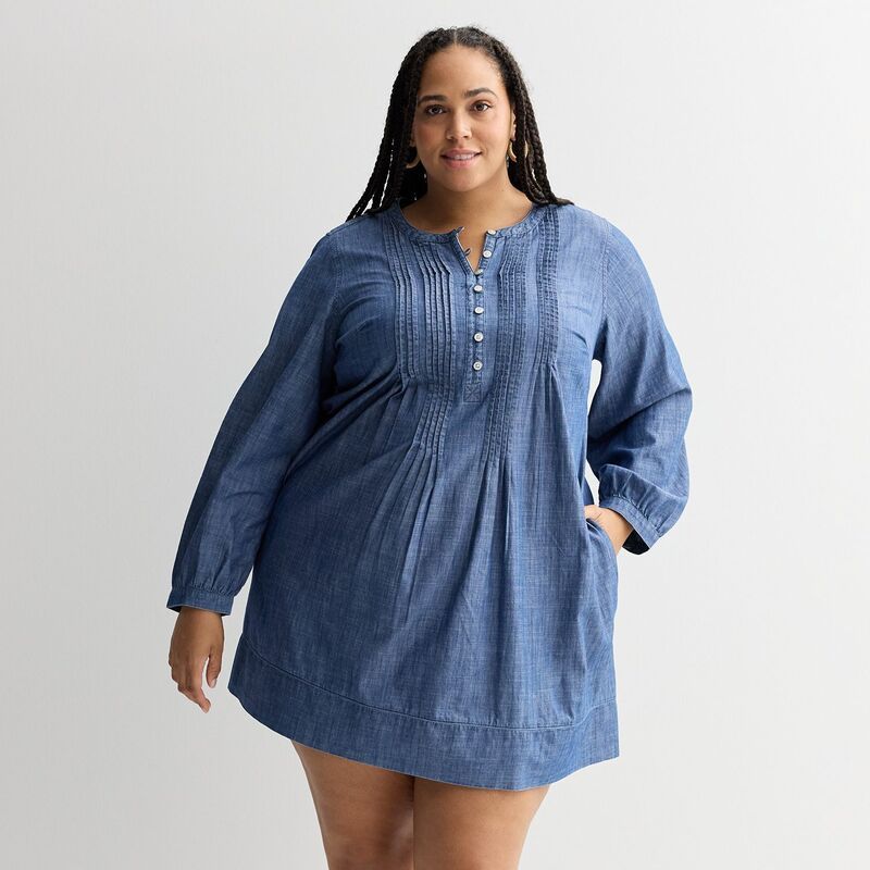 ソノマ レディース トップス ワンピース プラスサイズ Plusize Sonoma Goods For Life Long Sleeve Pintuck Dress Dark Chambray